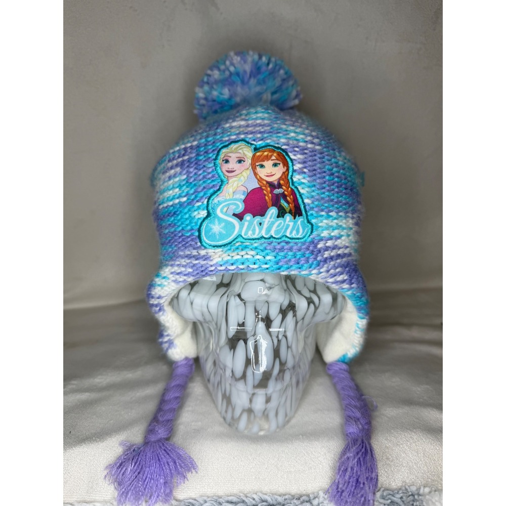 Disney Frozen Elsa Anna Sisters Girls Knit Earflap Pom Hat Blue Purple 4-14